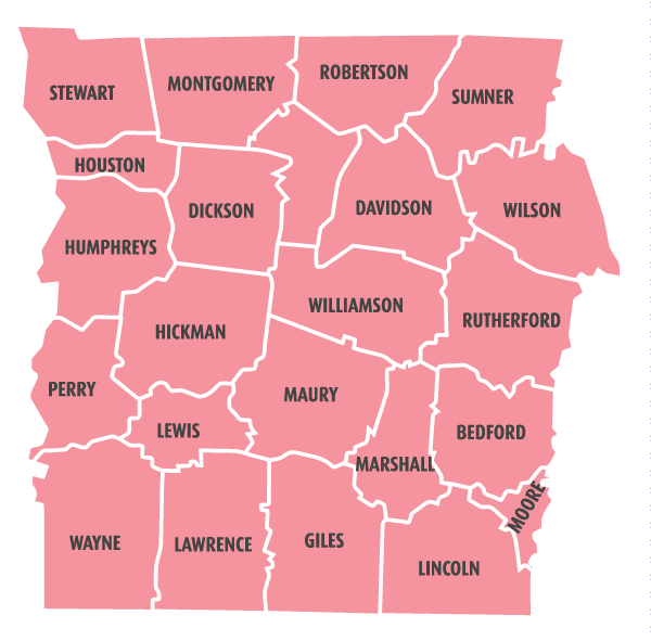 County Map of Middle Tennessee